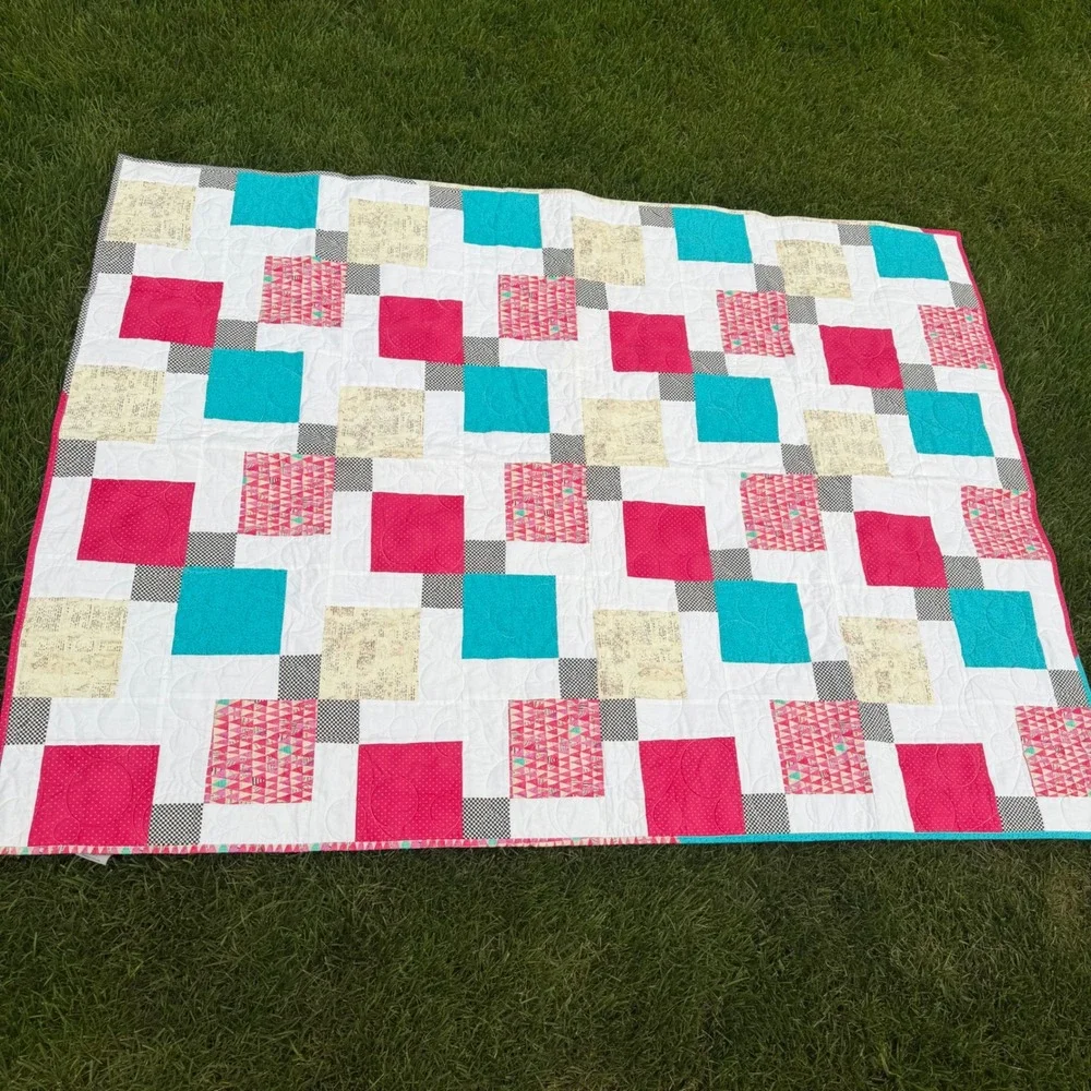 Love Sews Ministry Handmade Patchwork Quilt Pink Turquoise Geometric Throw 64x48